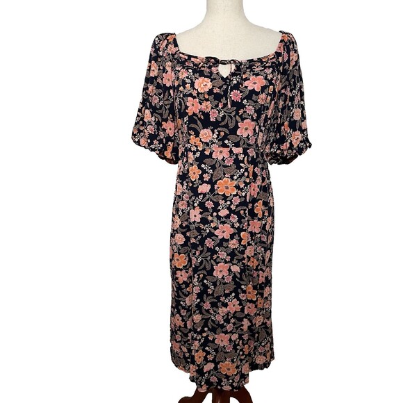 Old Navy Women’s Large Black Floral Midi Dress Square Neck Puff Sleeve Leg Slit - Picture 2 of 12